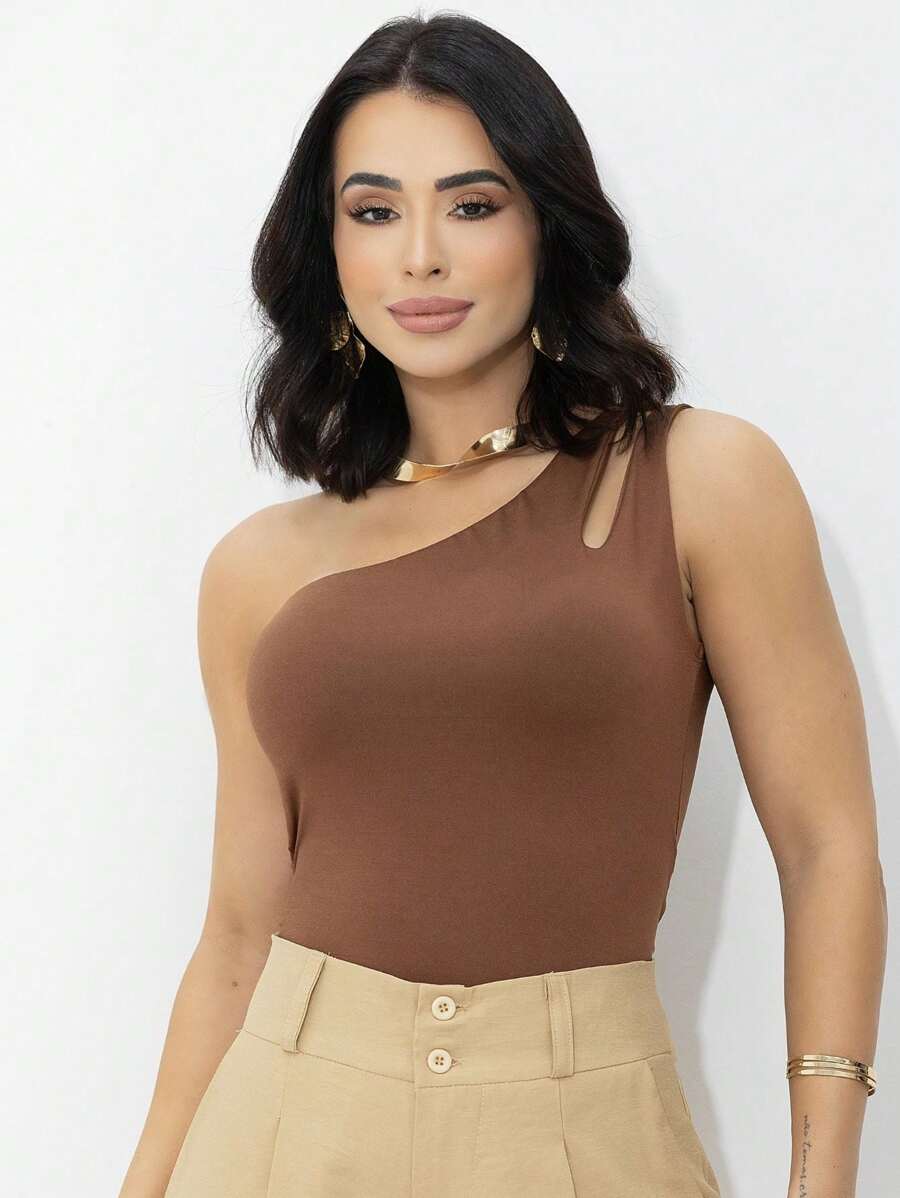 Women's Basic One Shoulder Sleeveless Blouse - Marrón - Ver 1