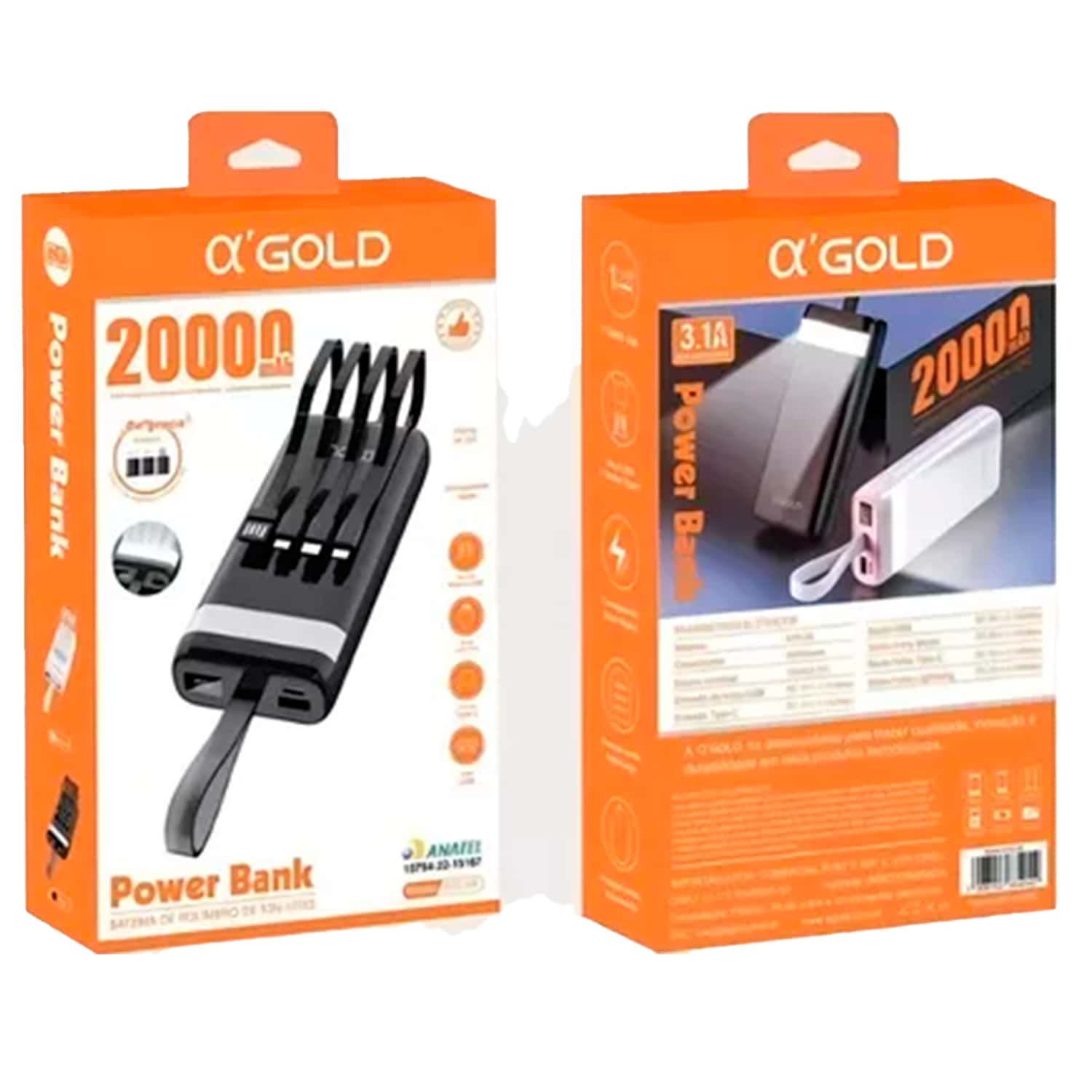 Carregador Portatil Power Bank + 4 Cabos 20000mah AGold/Kaidi/H'maston - Preto - Visão 1