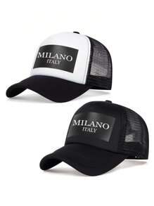 时尚嬉皮弧形帽檐棒球帽，字母与米兰印花透气网眼卡车司机帽，休闲户外运动可调节太阳帽，男女通用，适合日常通勤 - 彩色 - 查看 7