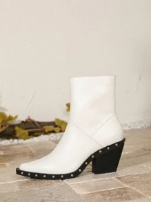 Botas Gogo cortas con tachuelas para mujer, botines elásticos con punta puntiaguda y tacón alto grueso - Blanco - Ver 4