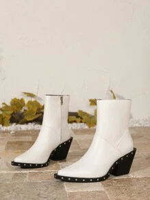 Botas Gogo cortas con tachuelas para mujer, botines elásticos con punta puntiaguda y tacón alto grueso - Blanco - Ver 5