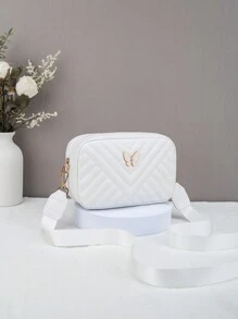 Kids V-Shape Embroidered Quilted Mini Square Shoulder Bag, Fashion Camera Bag For Girls - White - View 2