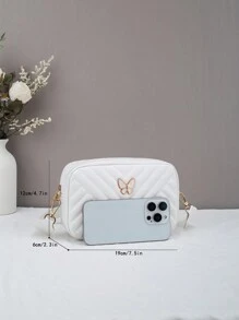 Kids V-Shape Embroidered Quilted Mini Square Shoulder Bag, Fashion Camera Bag For Girls - White - View 4