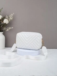 Kids V-Shape Embroidered Quilted Mini Square Shoulder Bag, Fashion Camera Bag For Girls - White - View 3