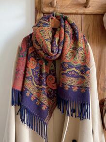 1pc Women's Autumn/Winter Faux Cashmere Retro Paisley Jacquard Boho Style Fringe Scarf Shawl, Warm For Travel - Purple - View 2