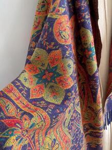 1pc Women's Autumn/Winter Faux Cashmere Retro Paisley Jacquard Boho Style Fringe Scarf Shawl, Warm For Travel - Purple - View 4