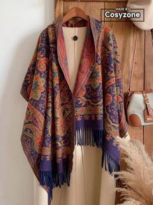 1pc Women's Autumn/Winter Faux Cashmere Retro Paisley Jacquard Boho Style Fringe Scarf Shawl, Warm For Travel - Purple - View 1