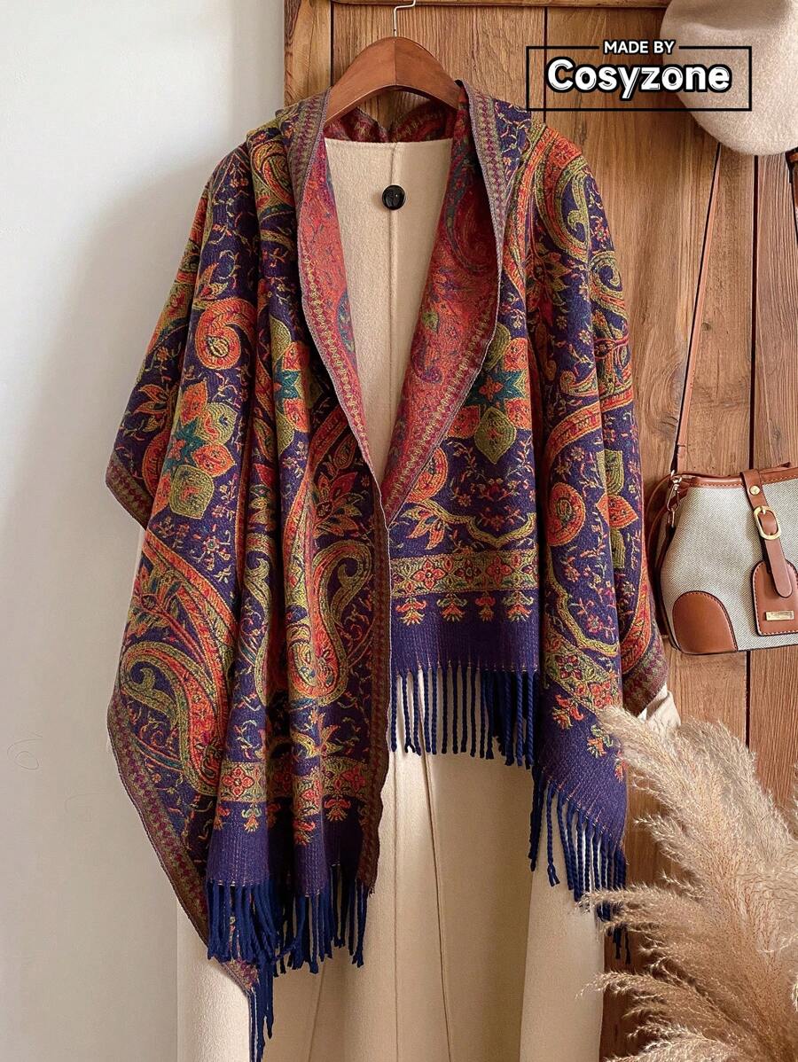 1pc Women's Autumn/Winter Faux Cashmere Retro Paisley Jacquard Boho Style Fringe Scarf Shawl, Warm For Travel - Purple - View 1