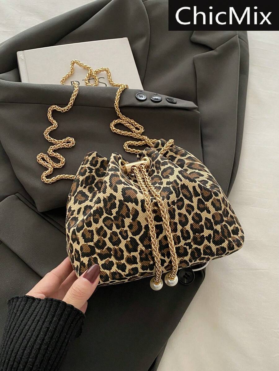 Fashionable Color Block Leopard Chain Strap Mini Bucket Crossbody Bag, New Fall Winter Cheetah Print Purse For Women - Multicolor - View 1