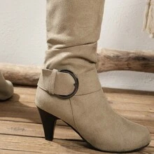 1pair Korean Style Mid-Heel Knee-High Boots For Women With Side Zip - Khaki - View 5