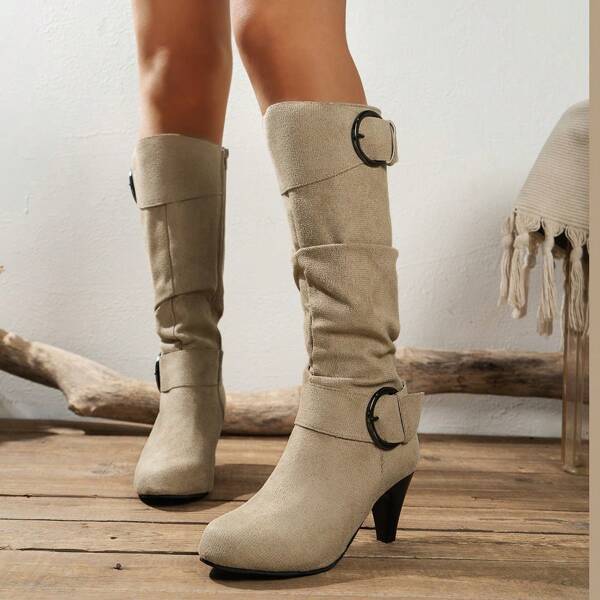 1 par de botas de salto médio estilo coreano até o joelho para mulheres com zíper lateral