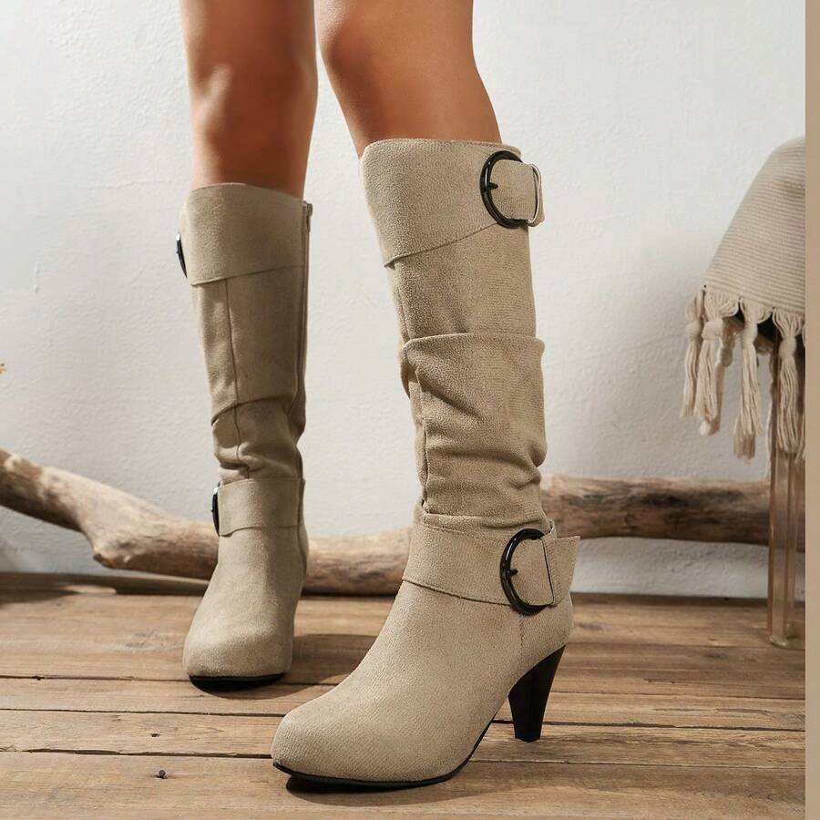 1pair Korean Style Mid-Heel Knee-High Boots For Women With Side Zip - Khaki - View 1