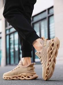 男士时尚条纹透气网眼休闲运动鞋，减震人字形鞋底柔软灵活运动鞋，适合户外 - 卡其色 - 查看 8