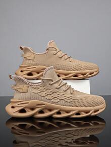 男士时尚条纹透气网眼休闲运动鞋，减震人字形鞋底柔软灵活运动鞋，适合户外 - 卡其色 - 查看 4