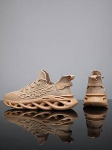 男士时尚条纹透气网眼休闲运动鞋，减震人字形鞋底柔软灵活运动鞋，适合户外 - 卡其色 - 查看 3