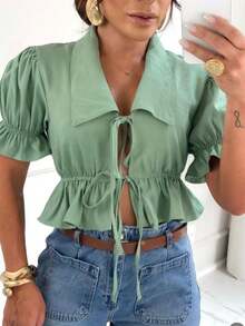 Women's Blouse With Front Tie And Elegant Collar Sensory Fabric Blouse With All The Charm And Elegance - màu xanh lá - Xem 2