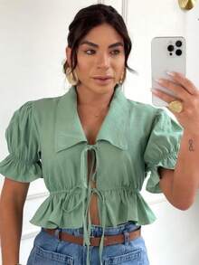 Women's Blouse With Front Tie And Elegant Collar Sensory Fabric Blouse With All The Charm And Elegance - màu xanh lá - Xem 1