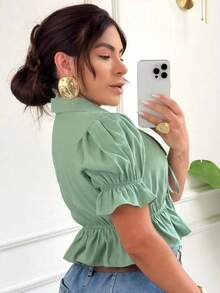 Women's Blouse With Front Tie And Elegant Collar Sensory Fabric Blouse With All The Charm And Elegance - màu xanh lá - Xem 3