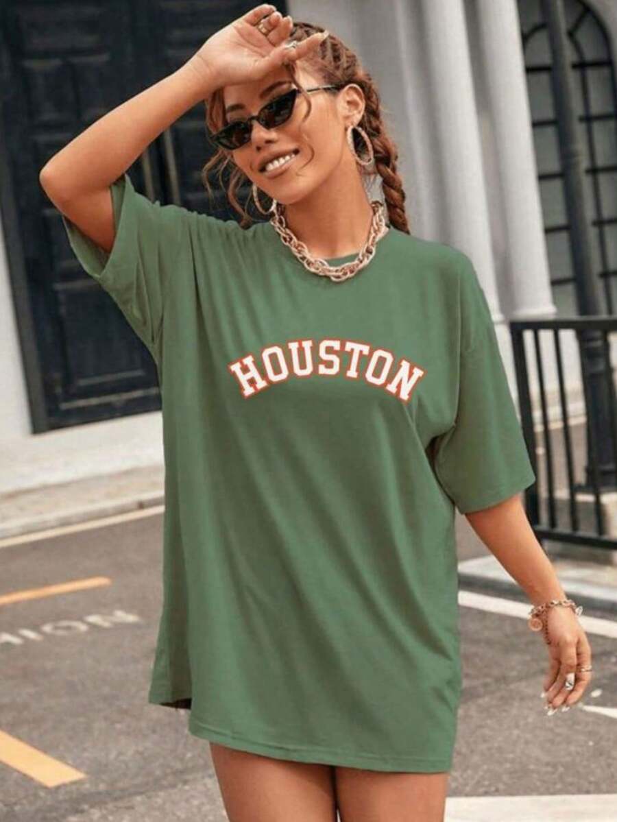 Women's Oversized 100% Cotton T-Shirt Printed Houston Shirt New Release - xanh quân đội - Xem 1