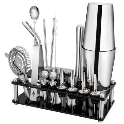 NASJAC Set de Coctelería - Kit de Barman Boston de Acero Inoxidable de 25 Piezas con Soporte de Acrílico y Recetas - Herramientas Profesionales para Mezclar Bebidas en Casa, Bar, Fiestas