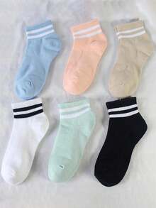 6 双女式运动短袜，网眼透气，短筒户外跑步袜，经典条纹，适合日常穿着，休闲百搭，舒适透气 - 彩色 - 查看 5
