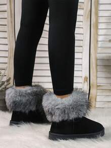 新款女士时尚休闲保暖防滑户外毛边雪地靴，冬季百搭黑色鞋 - 黑色 - 查看 7