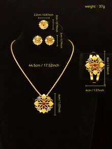 Bộ trang sức 4 món/bộ, vòng cổ, hoa tai, vòng tay và nhẫn bằng hợp kim kẽm màu vàng, đính đá Cubic Zirconia nhiều màu, thiết kế thanh lịch sang trọng, phù hợp với trang phục hàng ngày, tiệc tùng và thời trang - Vàng - Xem 5