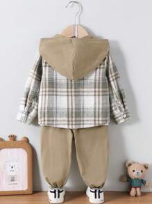 Young Boy Plaid Pattern Hoodie Top And Pants Set, Autumn/Winter - Khaki - View 2