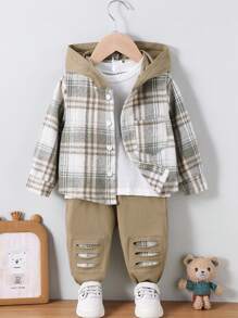 Young Boy Plaid Pattern Hoodie Top And Pants Set, Autumn/Winter - Khaki - View 1