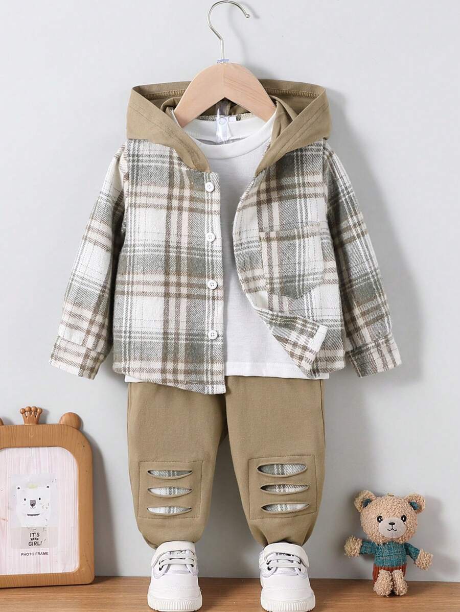 Young Boy Plaid Pattern Hoodie Top And Pants Set, Autumn/Winter - Khaki - View 1