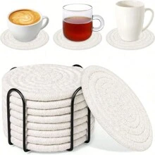 8 Pieces Of Absorbent Drink Coasters + Storage Rack, Coffee Table Woven Coasters, Kitchen Table Heat-Resistant Coasters And Thick Insulation Pads - White Series 8 Pieces + Storage Rack - View 3