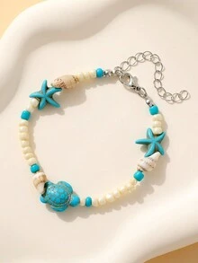 1 chiếc vòng tay hạt ngọc lam, rùa, sao biển, vỏ sò phong cách Bohemian Retro Ocean, phù hợp với phụ nữ - vòng tay đính cườm - Xem 5