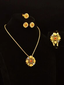 Bộ trang sức 4 món/bộ, vòng cổ, hoa tai, vòng tay và nhẫn bằng hợp kim kẽm màu vàng, đính đá Cubic Zirconia nhiều màu, thiết kế thanh lịch sang trọng, phù hợp với trang phục hàng ngày, tiệc tùng và thời trang - Vàng - Xem 1