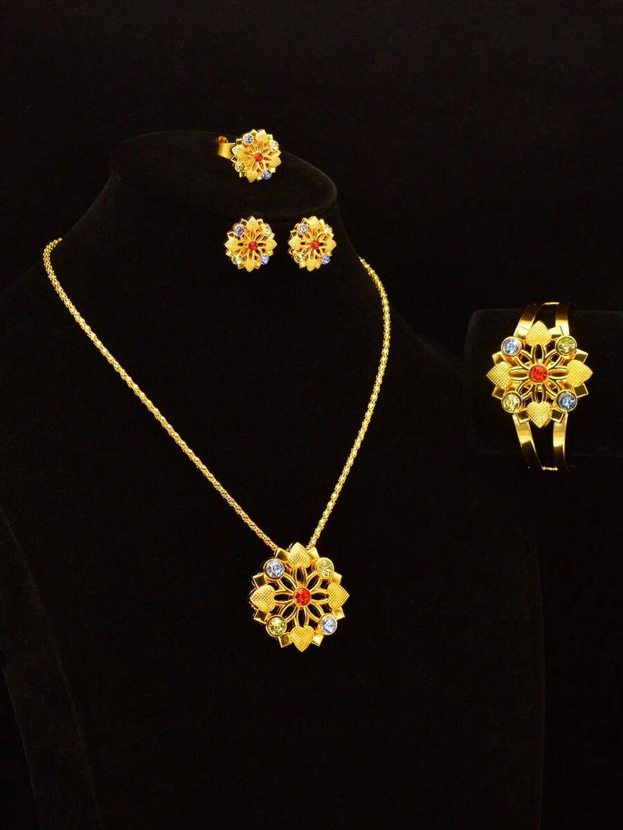 Bộ trang sức 4 món/bộ, vòng cổ, hoa tai, vòng tay và nhẫn bằng hợp kim kẽm màu vàng, đính đá Cubic Zirconia nhiều màu, thiết kế thanh lịch sang trọng, phù hợp với trang phục hàng ngày, tiệc tùng và thời trang - Vàng - Xem 1