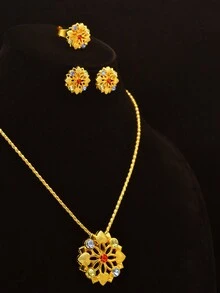 Bộ trang sức 4 món/bộ, vòng cổ, hoa tai, vòng tay và nhẫn bằng hợp kim kẽm màu vàng, đính đá Cubic Zirconia nhiều màu, thiết kế thanh lịch sang trọng, phù hợp với trang phục hàng ngày, tiệc tùng và thời trang - Vàng - Xem 3