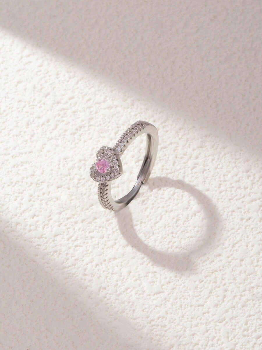 1 件可爱粉色锆石心形戒指，银色珠宝，情人节送给女士的礼物 - 彩色 - 查看 1