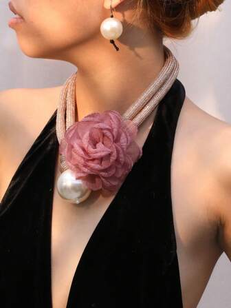 1 Set Exaggerated Nested Big Flower Faux Pearl Pendant Necklace And Earring Set, Double Layered Thick Rope Design, Suitable For Everyday Wear Valentines,Mom,Mother,Mother's Day,Gift