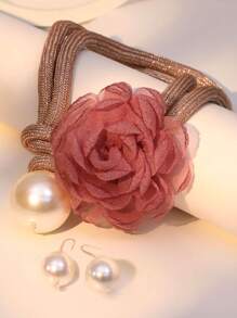 1 套夸张嵌套大花仿珍珠吊坠项链和耳环套装，双层粗绳设计，适合日常佩戴情人节、妈妈、母亲、母亲节、礼物 - 粉色 - 查看 3