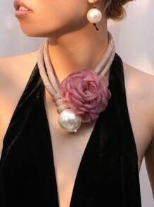 1 套夸张嵌套大花仿珍珠吊坠项链和耳环套装，双层粗绳设计，适合日常佩戴情人节、妈妈、母亲、母亲节、礼物 - 粉色 - 查看 2