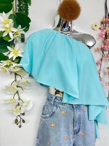 Collarless And Asymmetrical Shirts, Solid Ruffled And Lined Shirts - 淺藍色 - 查看 3