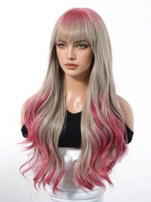 26 Inch Ombre Pink Curly Synthetic Middle Part Wig, Fashionable Butterfly Hairstyle Synthetic Wig For Women & Girls - 漸層粉紅色 - 查看 4