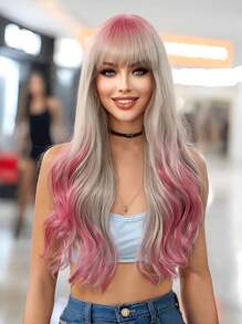 26 Inch Ombre Pink Curly Synthetic Middle Part Wig, Fashionable Butterfly Hairstyle Synthetic Wig For Women & Girls - 漸層粉紅色 - 查看 2