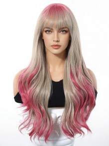 26 Inch Ombre Pink Curly Synthetic Middle Part Wig, Fashionable Butterfly Hairstyle Synthetic Wig For Women & Girls - 漸層粉紅色 - 查看 3
