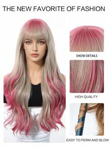 26 Inch Ombre Pink Curly Synthetic Middle Part Wig, Fashionable Butterfly Hairstyle Synthetic Wig For Women & Girls - 漸層粉紅色 - 查看 7