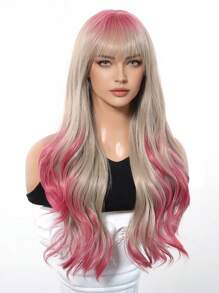26 Inch Ombre Pink Curly Synthetic Middle Part Wig, Fashionable Butterfly Hairstyle Synthetic Wig For Women & Girls - 漸層粉紅色 - 查看 5