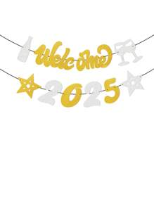 欢迎 2025 标志新年派对横幅，闪光香槟星装饰庆祝 2025 年新年悬挂花环彩旗装饰，新年派对背景用品 - 彩色 - 查看 9