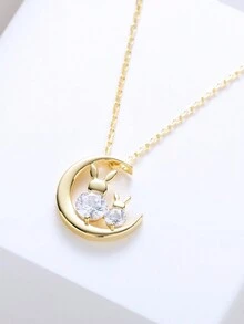 Dai Yan jewelry 1 件简约奢华 925 纯银月亮兔吊坠项链，锆石点缀，时尚珠宝礼物，适合女朋友、学生、圣诞节 - 金黃色 - 查看 1