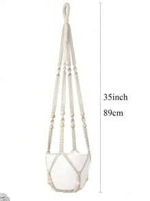 1 件装植物吊架室内悬挂花盆篮带木珠装饰花盆架无流苏适用于室内室外波西米亚风家居装饰 35 英寸，象牙色户外装饰 - 米色 - 查看 3