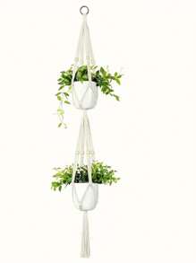 1 件装植物吊架室内悬挂花盆篮带木珠装饰花盆架无流苏适用于室内室外波西米亚风家居装饰 35 英寸，象牙色户外装饰 - 米色 - 查看 9