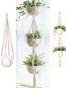 1 件装植物吊架室内悬挂花盆篮带木珠装饰花盆架无流苏适用于室内室外波西米亚风家居装饰 35 英寸，象牙色户外装饰 - 米色 - 查看 2